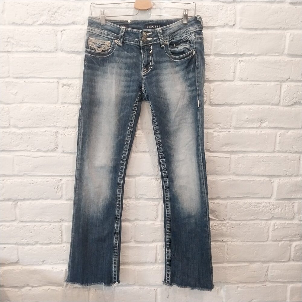 Vigoss Jeans Womens 28x33 Blue The Chelsea Boot Cut Faded Whiskers Embroidered,